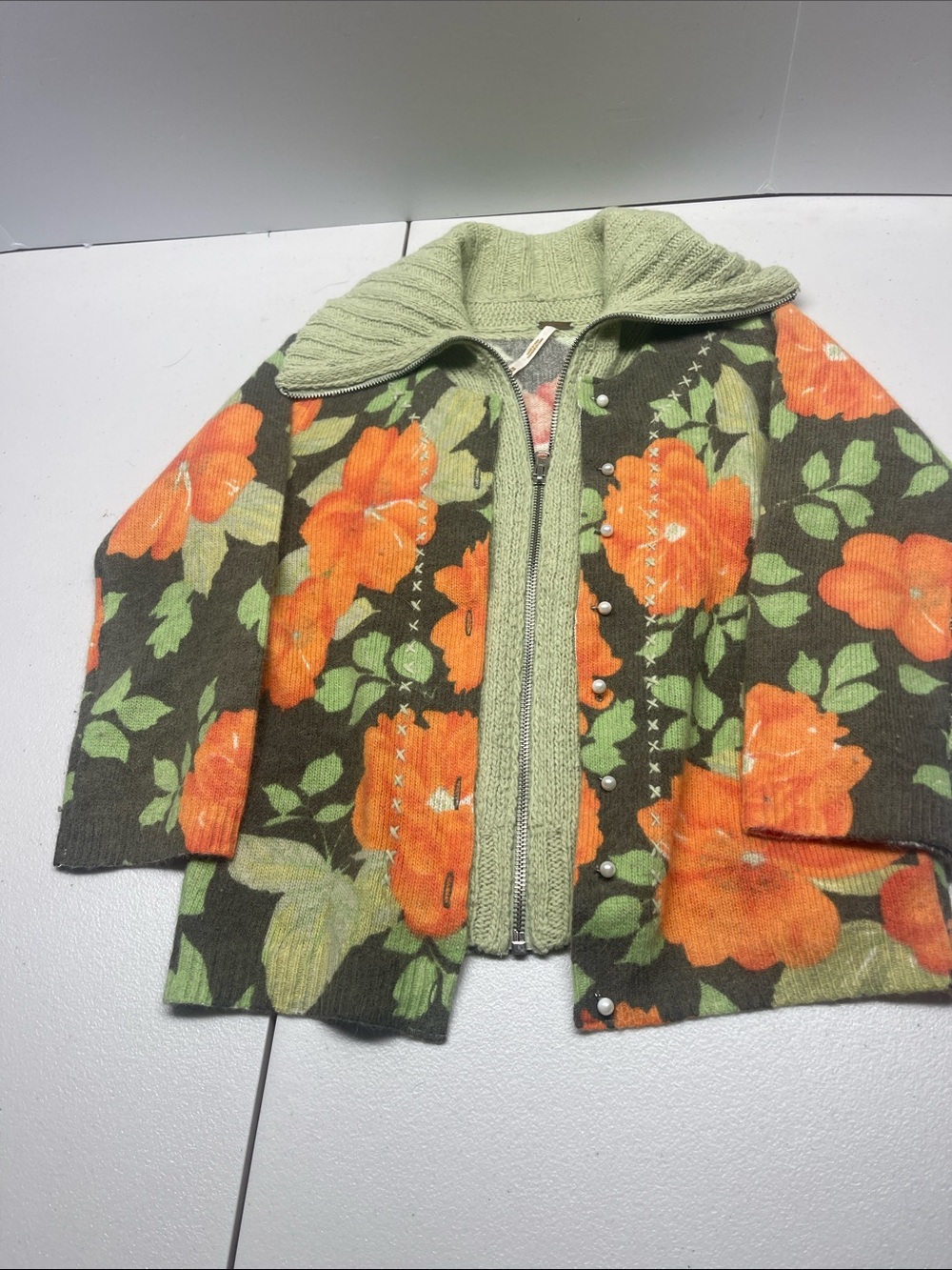 Free People Wool Angora Layered Zip Collared Floral Cardigan Women's XS